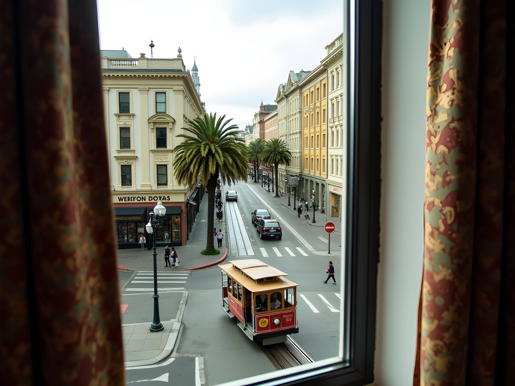 View of San Francisco's Union Square from hotel window showing shopping district and cable cars