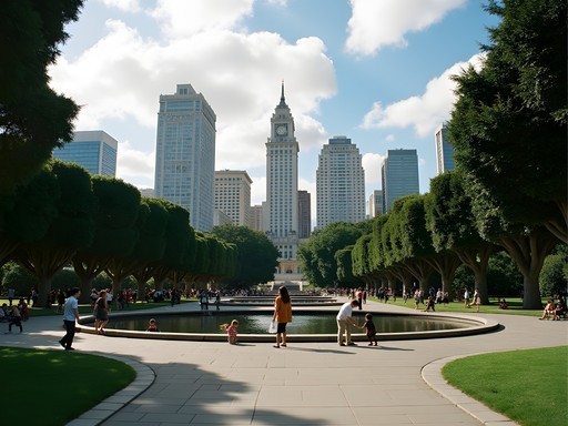 Family exploring Yerba Buena Gardens with downtown San Francisco skyline in background
