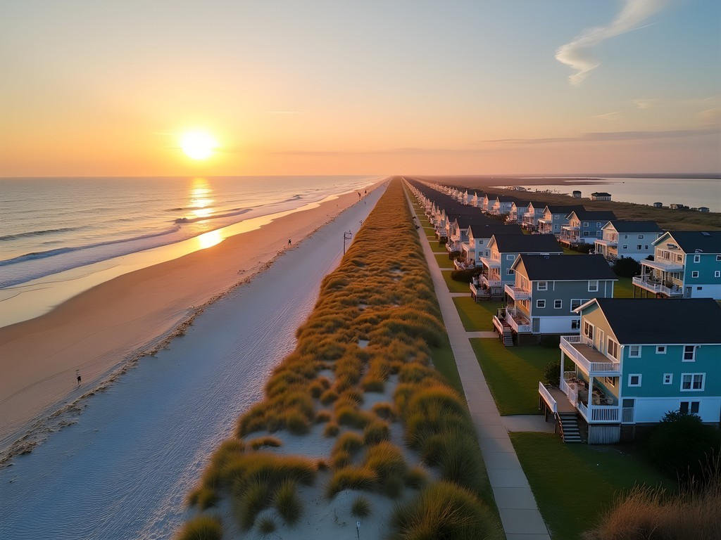 Aerial view of Sandbridge Beach vacation rentals along the Virginia coastline at sunrise