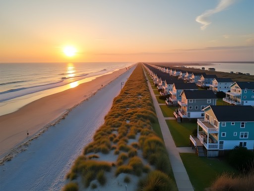 Aerial view of Sandbridge Beach vacation rentals along the Virginia coastline at sunrise