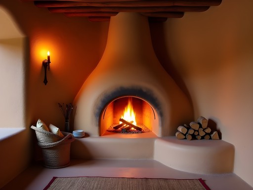 Traditional kiva fireplace with flickering fire in adobe-walled room