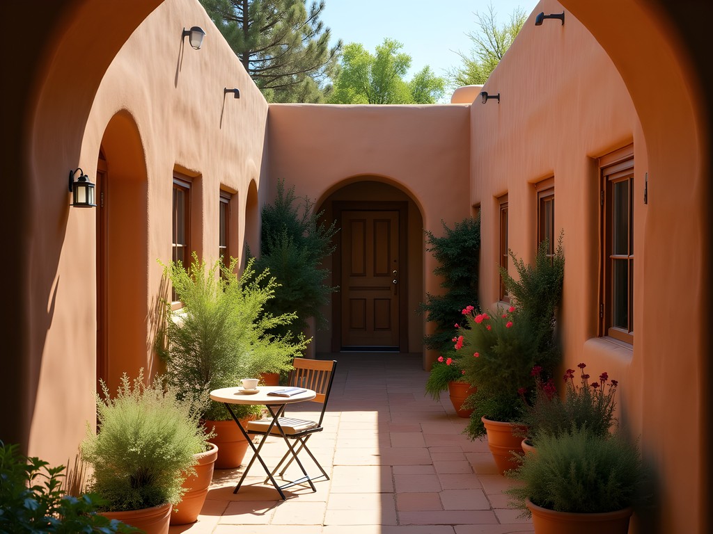 Woman enjoying morning coffee in traditional Santa Fe adobe courtyard with blooming flowers