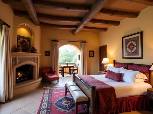 Luxurious adobe bedroom with exposed vigas ceiling and colorful textiles at Inn of the Five Graces