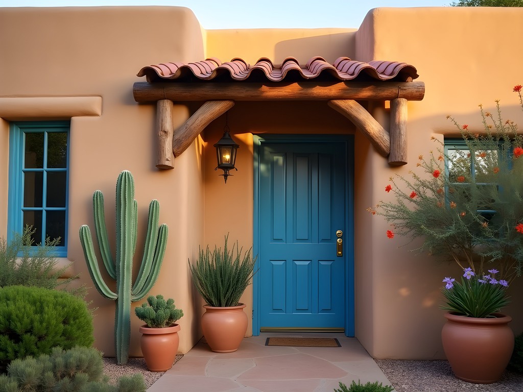 Historic adobe vacation rental exterior with traditional blue door and flowering cactus