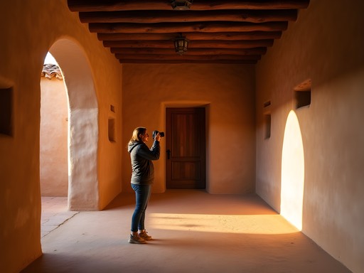 Woman photographing architectural details of historic Santa Fe adobe building