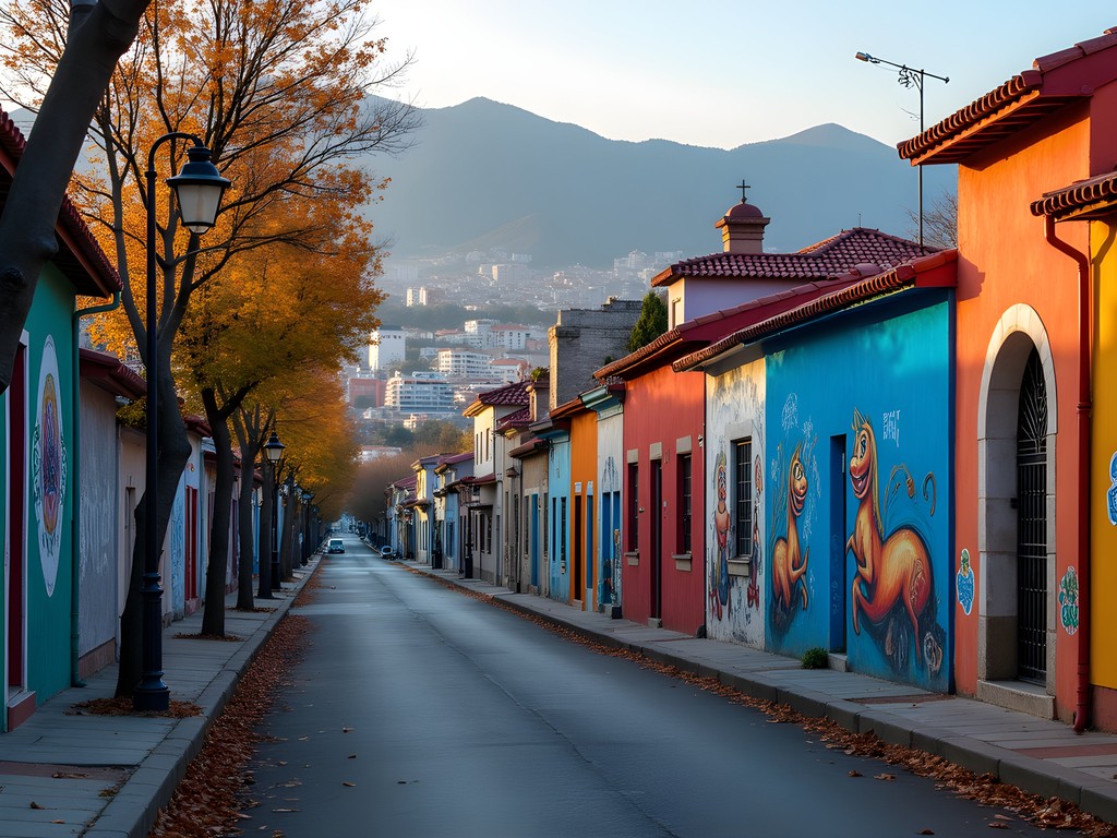 Colorful street art and architecture in Bellavista neighborhood of Santiago