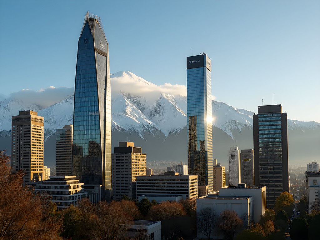 Modern skyline of Las Condes business district in Santiago with Andes mountains