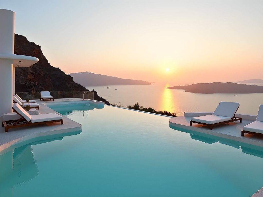 Infinity pool overlooking Aegean Sea sunset at Canaves Oia Epitome luxury cave hotel in Santorini