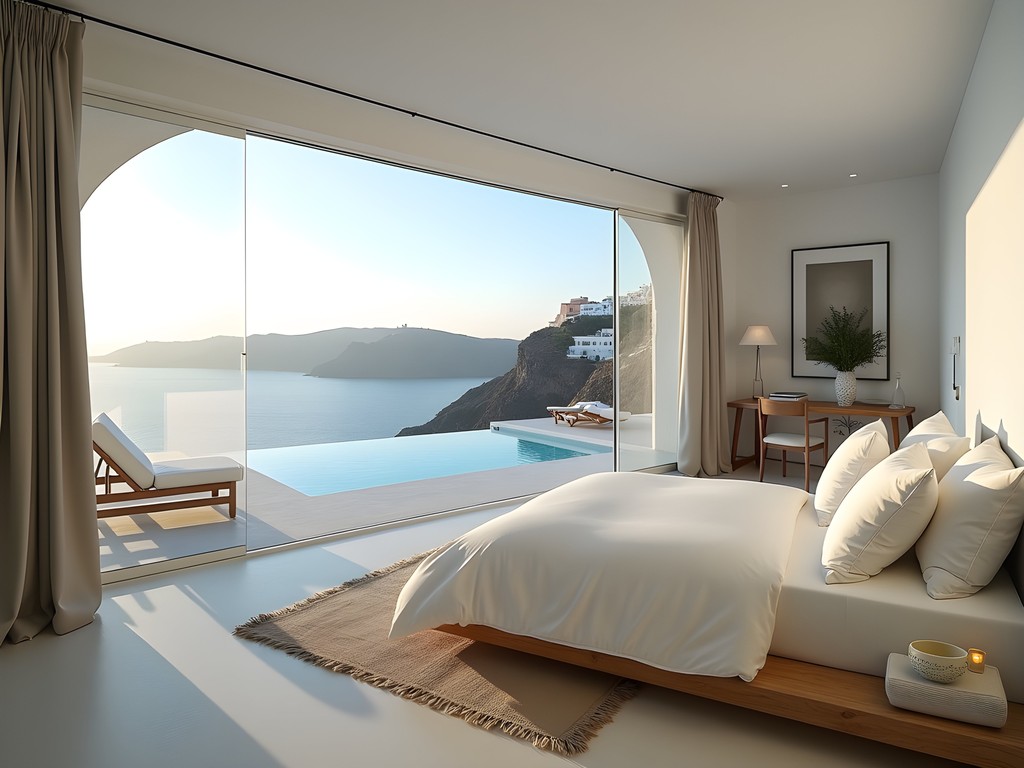 Modern luxury cave suite interior with private pool and caldera views at Cavo Tagoo Santorini