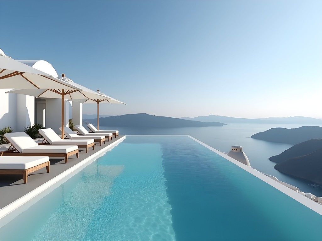 Expansive infinity pool overlooking Santorini caldera at Grace Hotel with minimalist white architecture
