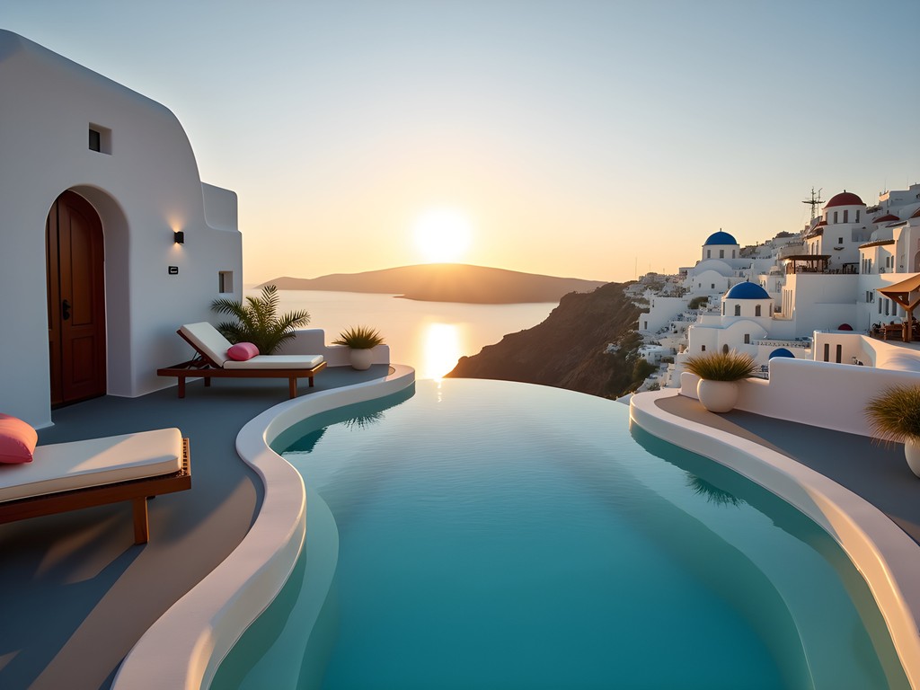 Luxury Master Suite private terrace with plunge pool overlooking Santorini caldera at Katikies Cave Hotel in Oia