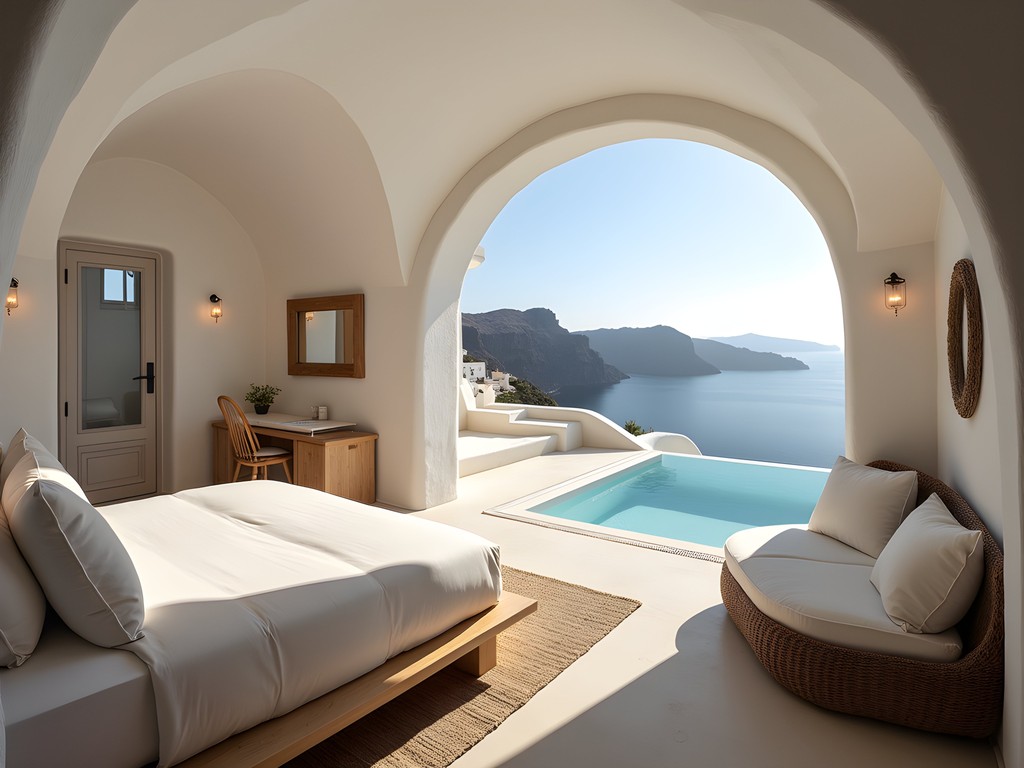 Luxurious cave suite with private terrace and plunge pool overlooking Santorini caldera at Mystique Hotel