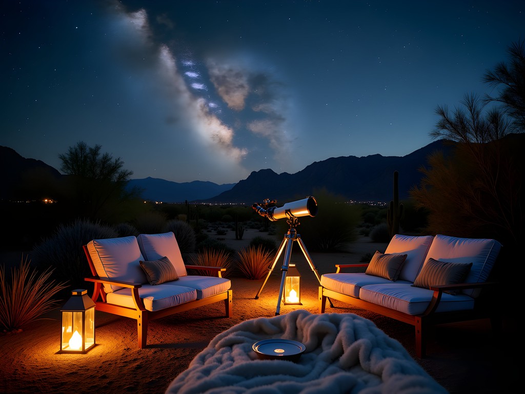 Luxury stargazing setup at Four Seasons Scottsdale with telescope, lounge chairs and desert mountain silhouettes