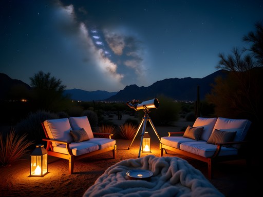Luxury stargazing setup at Four Seasons Scottsdale with telescope, lounge chairs and desert mountain silhouettes