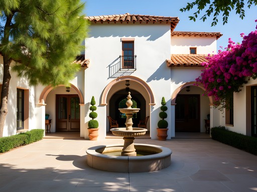 Historic Spanish Colonial courtyard at Royal Palms Resort with fountains and citrus trees