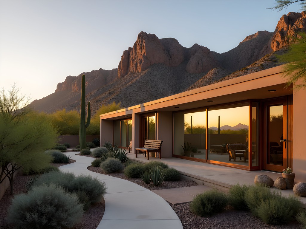 Modern desert architecture of Sanctuary Camelback Mountain Resort with saguaro cacti and mountain backdrop