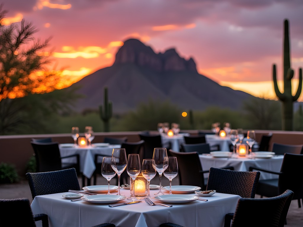 Elegant outdoor dining at Talavera restaurant with panoramic desert sunset views