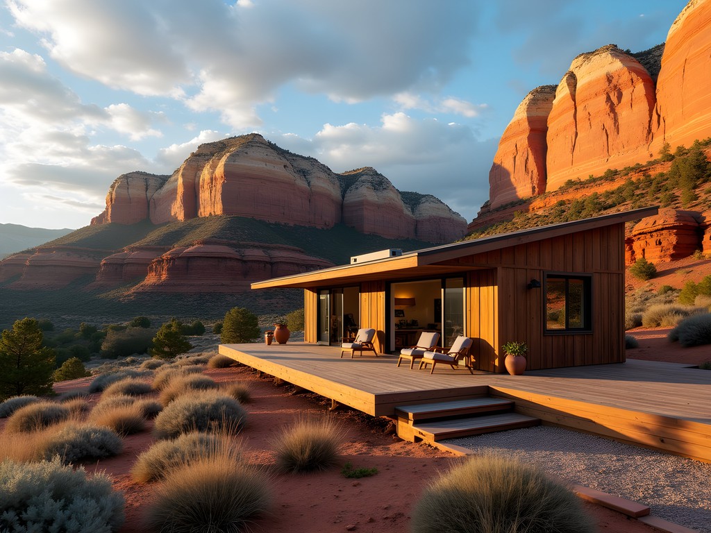 Man meditating on deck of sustainable tiny home with red rock views in Sedona