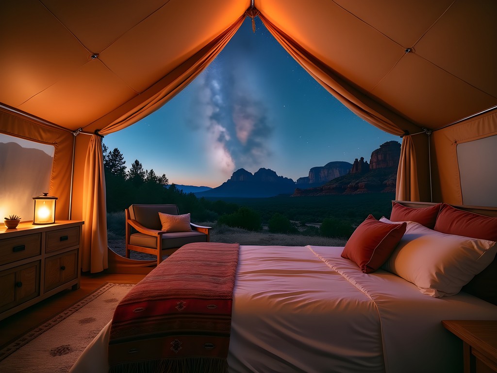 Luxury glamping tent with clear ceiling panel showing Sedona night sky and red rocks