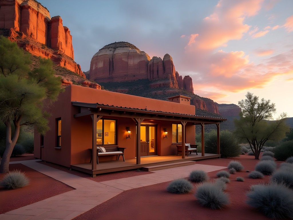 View of Bell Rock vortex from Red Agave Resort chalet at sunrise