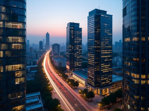 Modern skyline view of Gangnam district in Seoul at sunset with glowing skyscrapers