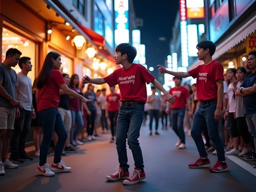 Young street performers entertaining crowds in Hongdae district, Seoul