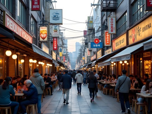 Multicultural street in Itaewon, Seoul with diverse restaurants, cafes and international visitors