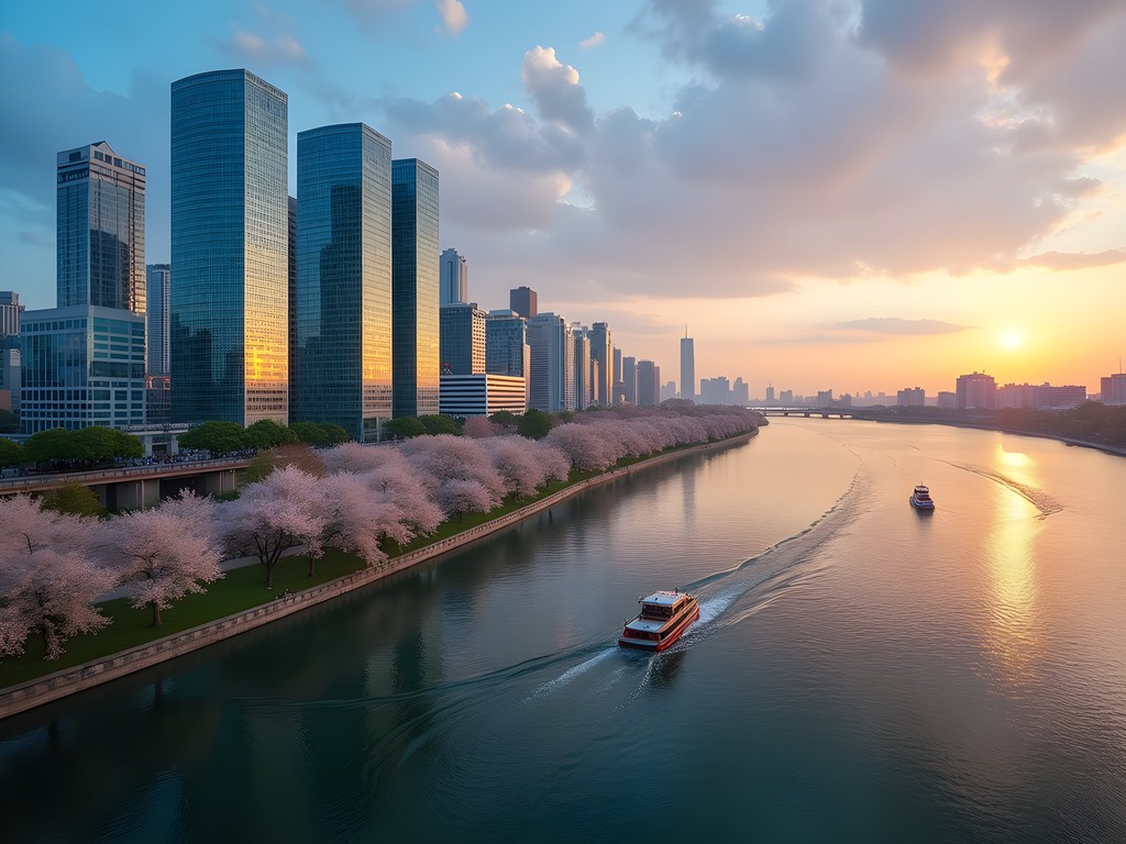 Sunset view of Han River and Yeouido skyline in Seoul with people enjoying riverside parks