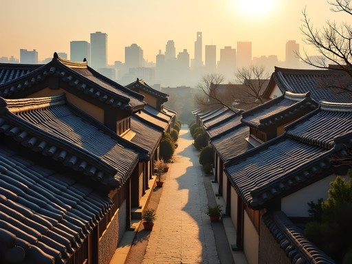 Traditional Korean hanok houses with tiled roofs in Bukchon Hanok Village with Seoul city skyline in background
