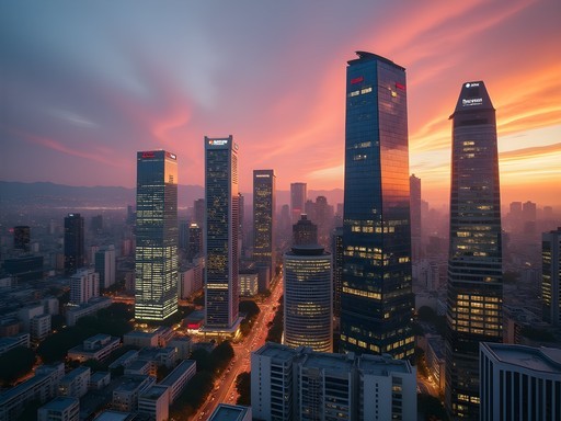 Sunset view of Gangnam district skyline with modern skyscrapers glowing in orange and pink light