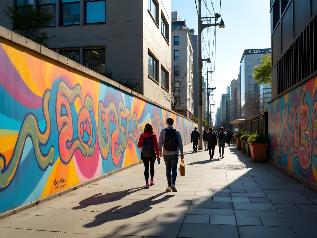 Colorful street art murals in Hongdae district with pedestrians walking by