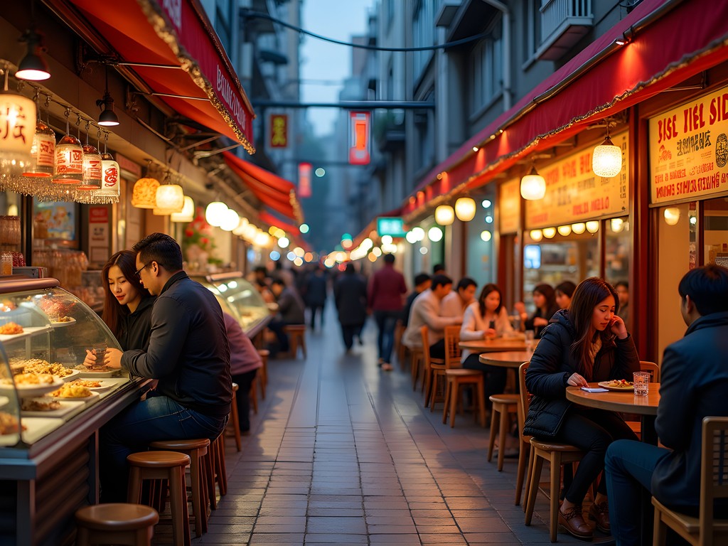 International and fusion street food options in Itaewon district of Seoul with diverse crowd