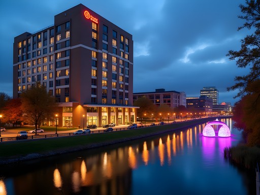 Downtown South Bend hotel with colorful River Lights display in the background