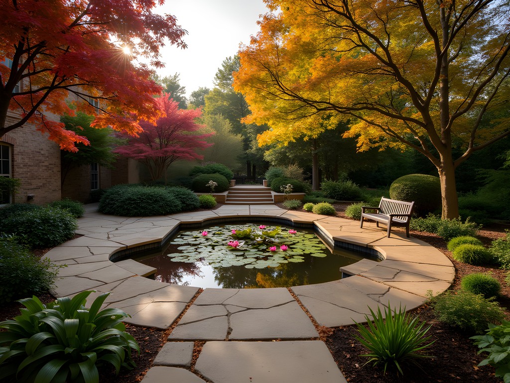 Meditation garden at Harmony House B&B in Springdale with autumn foliage