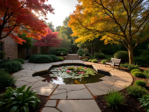 Meditation garden at Harmony House B&B in Springdale with autumn foliage