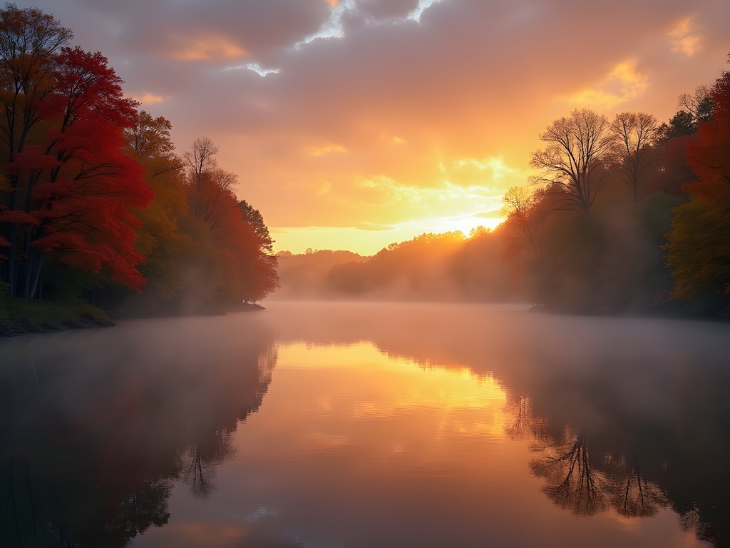 Misty autumn sunrise over Lake Wedington near Springdale, Arkansas