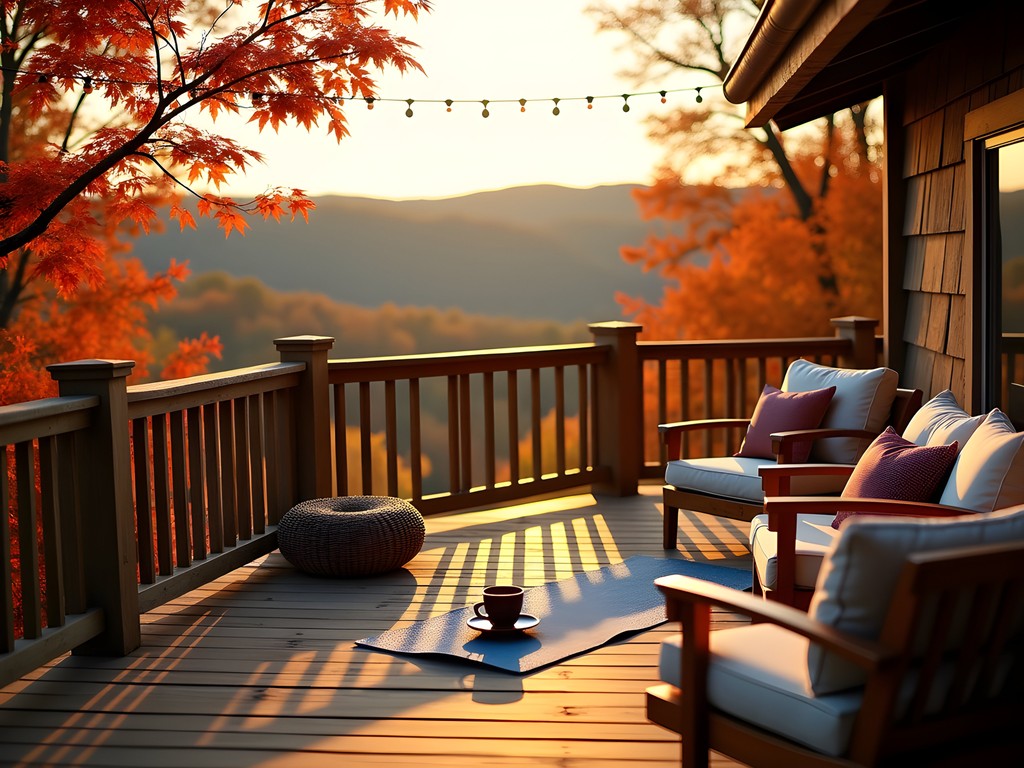 Morning yoga on a private deck overlooking autumn foliage at Maple Ridge Cottages in Springdale
