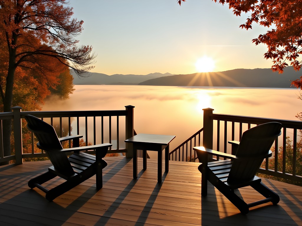 Private deck overlooking Lake Champlain at sunrise from Champlain's Rest B&B in St. Albans Vermont