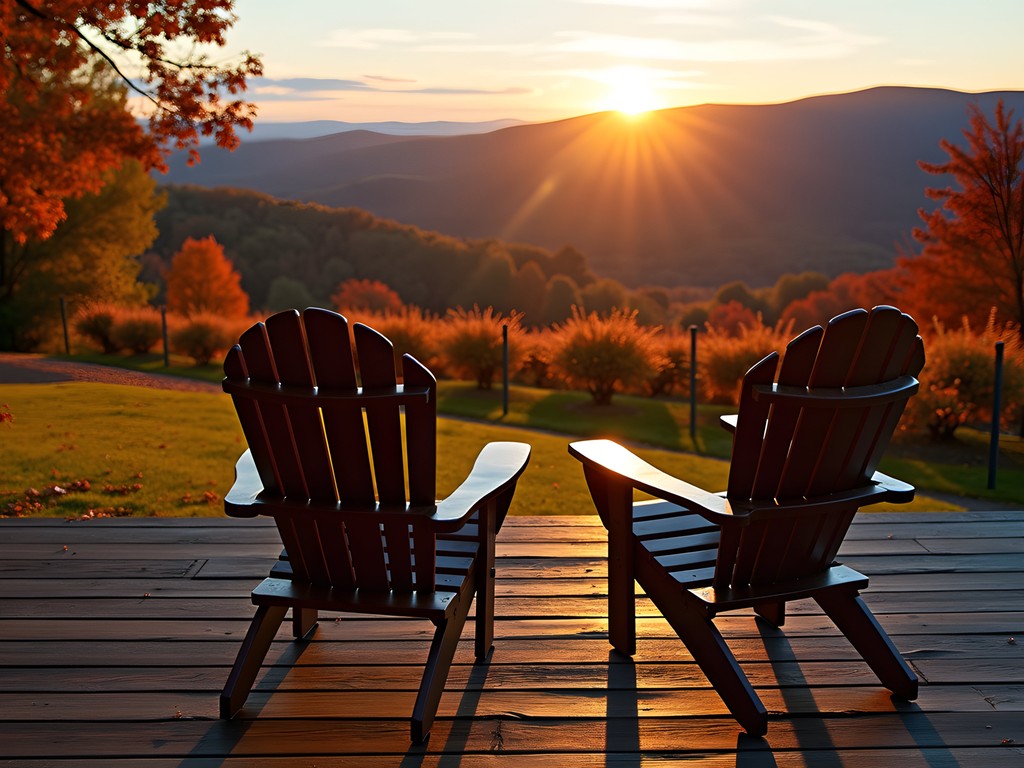 Sunset view from Adirondack chairs at Maple Meadow Farm B&B overlooking Vermont fall foliage