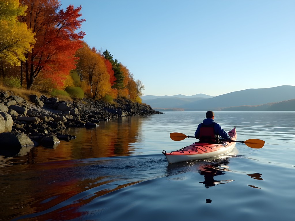 Wildlife biologist kayaking on Lake Champlain near St. Albans Vermont in autumn