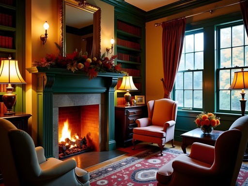 Elegant Victorian parlor with fireplace at Taylor House Inn in downtown St. Albans Vermont