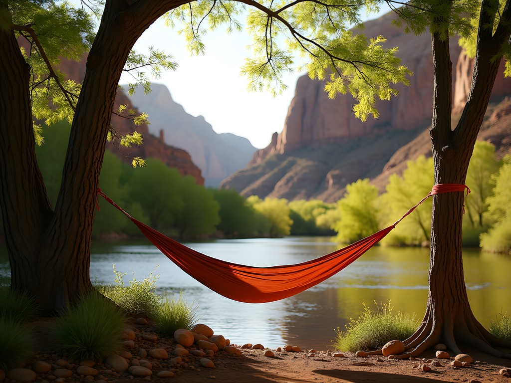 Hammock by Virgin River with Zion National Park canyon walls in background at Cliffrose Springdale