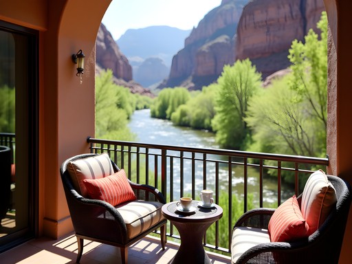 Hotel balcony overlooking Virgin River with Zion canyon walls and outdoor seating at Desert Pearl Inn