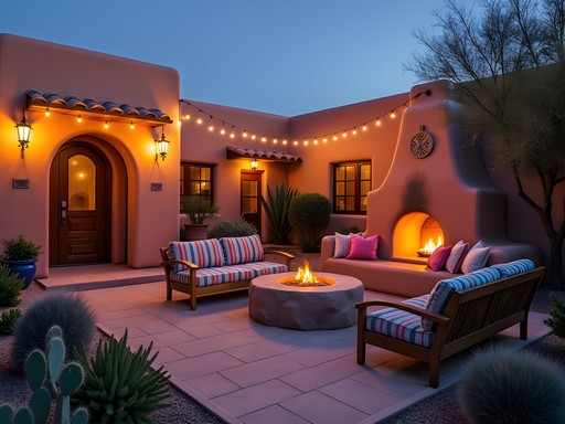 Private casita patio with kiva fireplace and desert landscape views at Inn at Entrada St. George