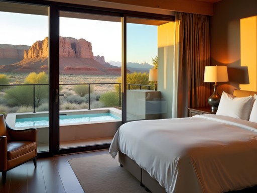 Luxury suite with floor-to-ceiling windows overlooking red rock canyon formations at Red Mountain Resort St. George