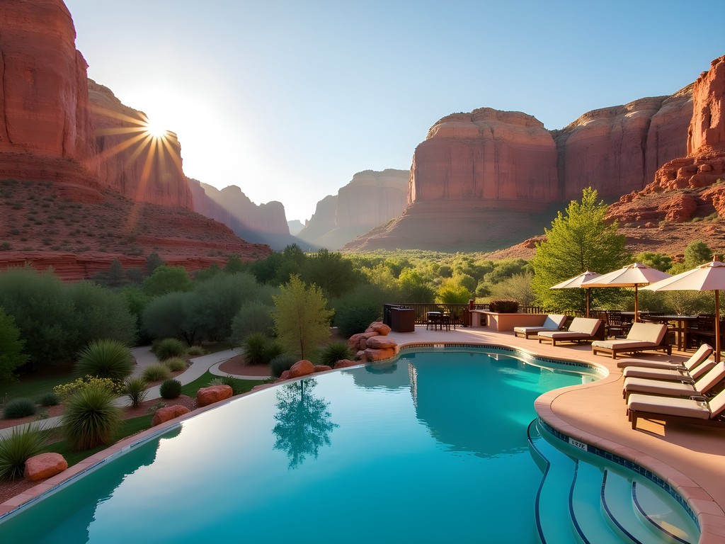 Luxury resort infinity pool with dramatic red rock formations in background