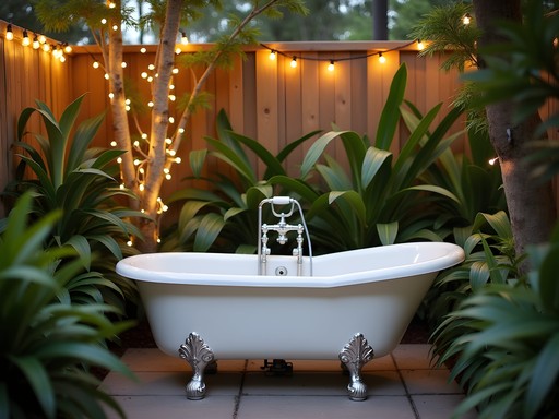 Private outdoor claw-foot tub surrounded by lush tropical plants at The Inn on Third