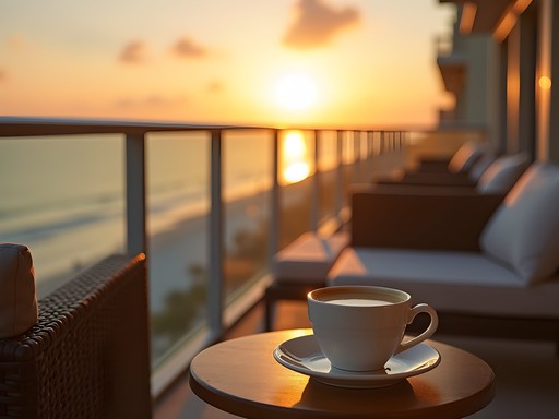 Morning coffee on a private hotel balcony overlooking St. Pete Beach at sunrise