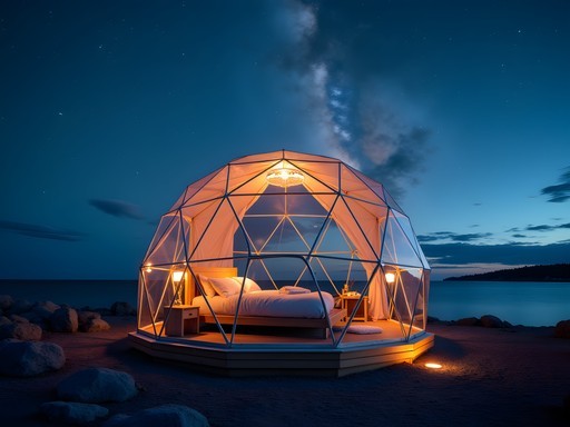 Transparent geodesic dome tent illuminated at night with visible stars over Stockholm archipelago