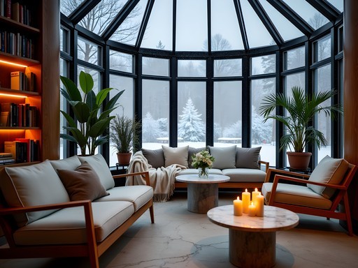 Glass conservatory with Scandinavian design furniture at Ett Hem hotel in Stockholm during snowfall